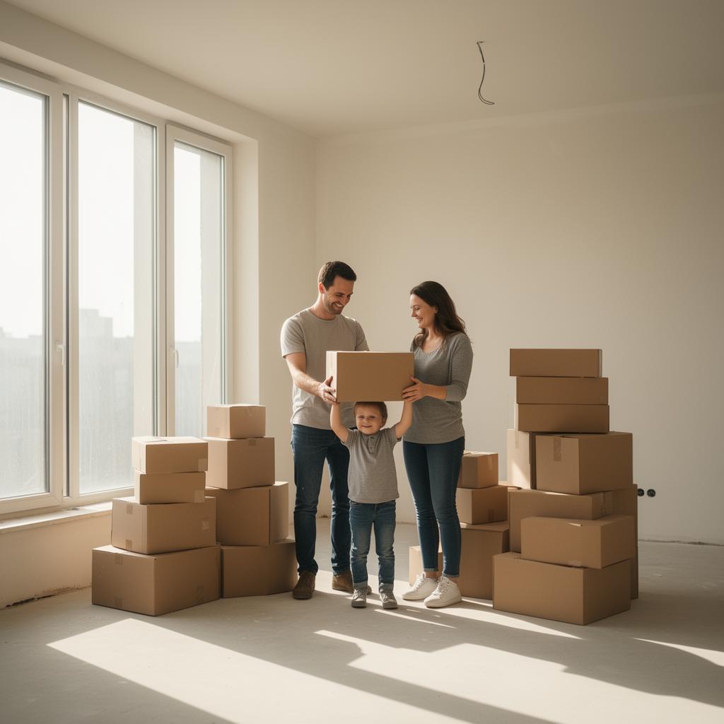 Família recebendo seus pertences na nova casa